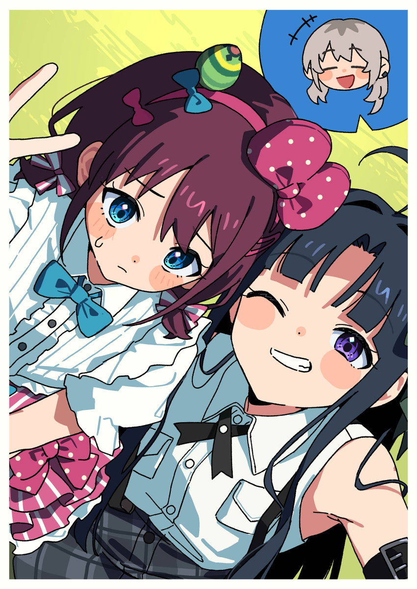 3girls, absurdres, ahoge, armlet, awa_subaru, black_hair, black_ribbon, blue_bow