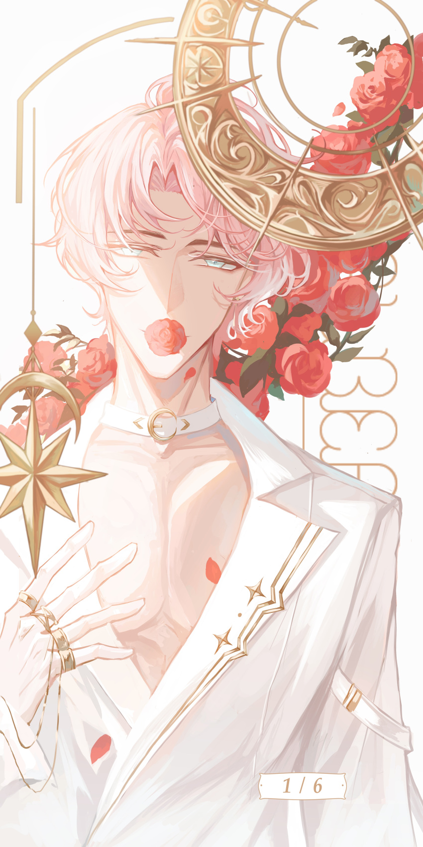 1boy, absurdres, albert_nomad, aqua_eyes, choker, collarbone, crescent, crescent_choker