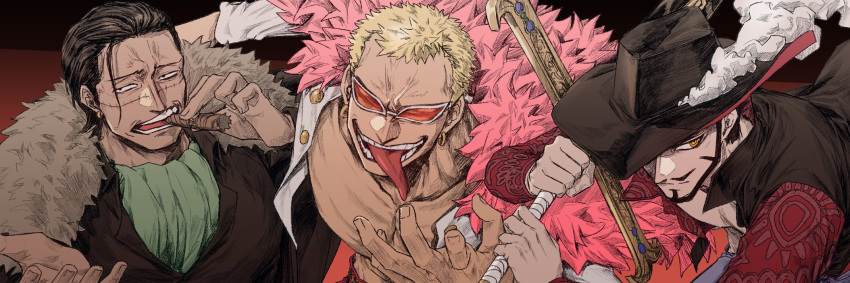 3boys, beard, black_hair, blonde_hair, cigarette, crocodile_(one_piece), donquixote_doflamingo, dracule_mihawk