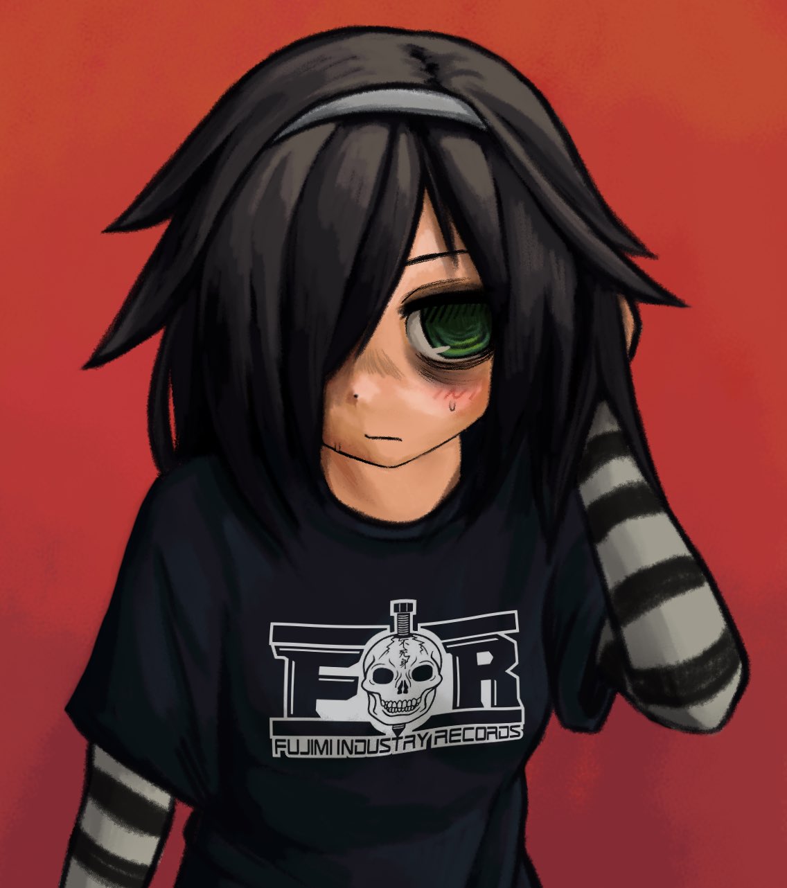 1girl, bags_under_eyes, black_hair, black_shirt, green_eyes, grey_hairband, hairband, hand_in_own_hair, highres, kuroki_tomoko, light_frown, red_background, shirt, solo, striped_sleeves, sweat, upper_body, watashi_ga_motenai_no_wa_dou_kangaetemo_omaera_ga_warui!, zoolpal