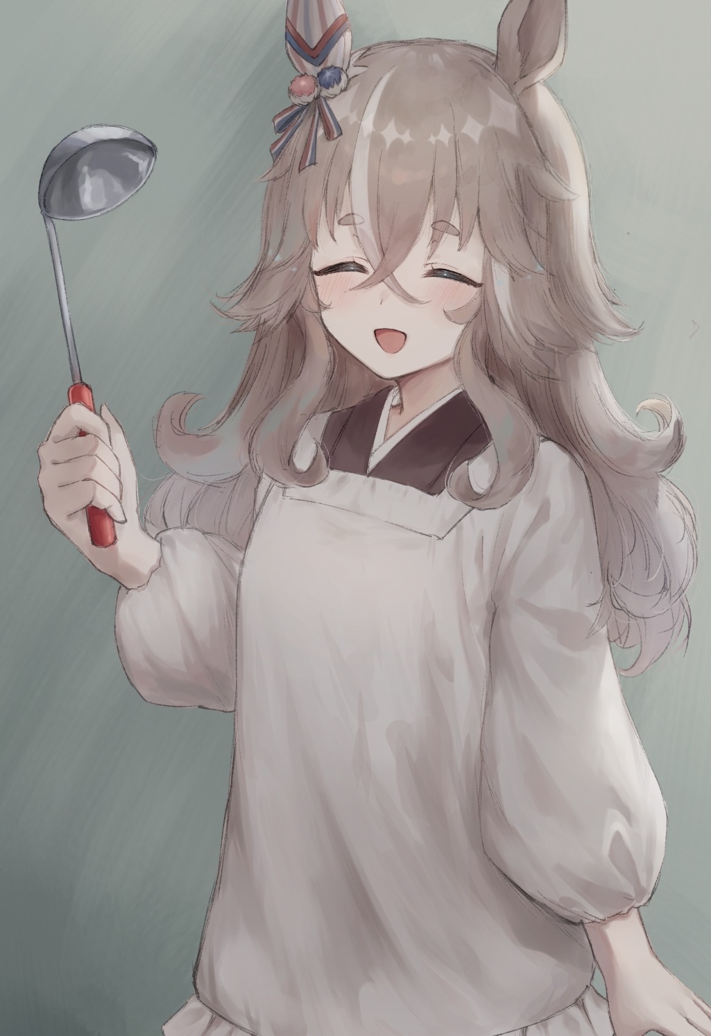 1girl, alternate_costume, animal_ears, apron, blush, breasts, closed_eyes, commentary_request