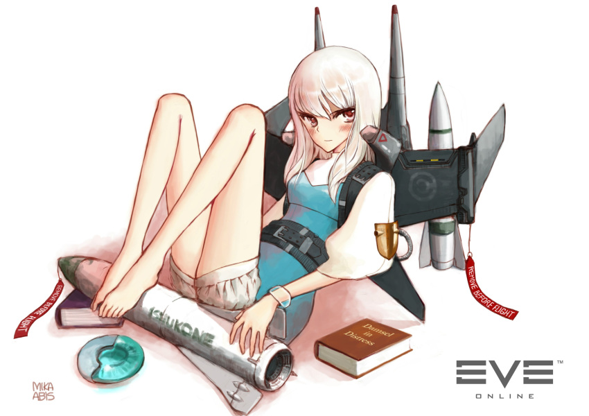 1girl, absurdres, albino, artist_request, attack_ship_(eve_online), barefoot, battleship_(eve_online), belt, black_belt, blue_dress, blush, book, breasts, caldari_state_(eve_online), closed_mouth, commentary, copyright_name, dress, emblem, eve_online, full_body, hair_between_eyes, highres, ishukone_(eve_online), light_smile, logo, long_hair, looking_at_viewer, mecha_musume, mechanical_wings, medium_breasts, missile, personification, raven_(eve_online), red_eyes, science_fiction, see-through_clothes, see-through_wrist_cuffs, short_dress, short_shorts, shorts, solo, third-party_source, white_background, white_hair, white_shorts, white_sleeves, wings, wrist_cuffs