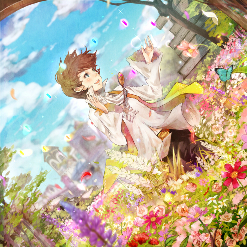 brown_hair, butterfly, dutch_angle, flower, highres, jewelry, necklace, original, petals, promotions, shigureteki, shirt, short_hair, smile, solo