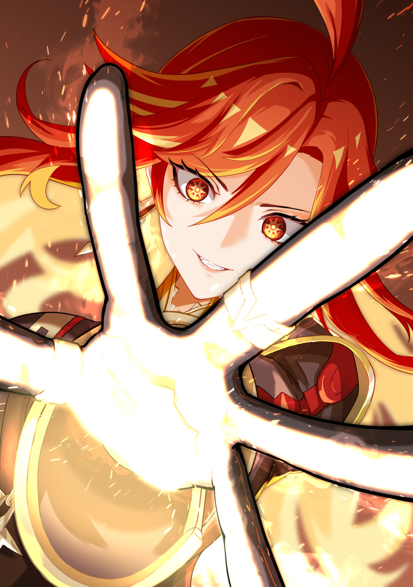 1girl, absurdres, ahoge, aiming, aiming_at_viewer, black_gloves, earrings, fire, genshin_impact, gloves, grin, highres, incoming_attack, jewelry, long_hair, looking_at_viewer, mavuika_(genshin_impact), multicolored_hair, open_hand, open_mouth, orange_eyes, orange_hair, orange_pupils, outstretched_hand, pyrokinesis, reaching, reaching_towards_viewer, redhead, smile, solo, spread_fingers, sun_earrings, sunburst_iris, tachi_(bokarokazoku), teeth, two-tone_hair, very_long_hair