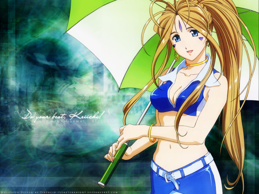 antenna_hair, belldandy, belt, blonde_hair, blue_eyes, bracelet, breasts, cleavage