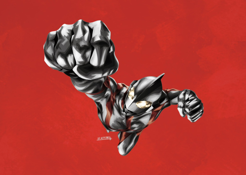 1boy, alien, arm_up, artist_name, clenched_hands, commentary, compound_eyes, dorsal_fin