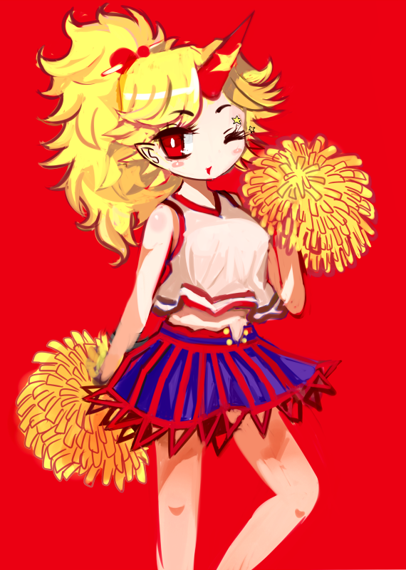 alternate_hairstyle, amii, cheerleader, horn, hoshiguma_yuugi, oni, pom_pom, pom_poms