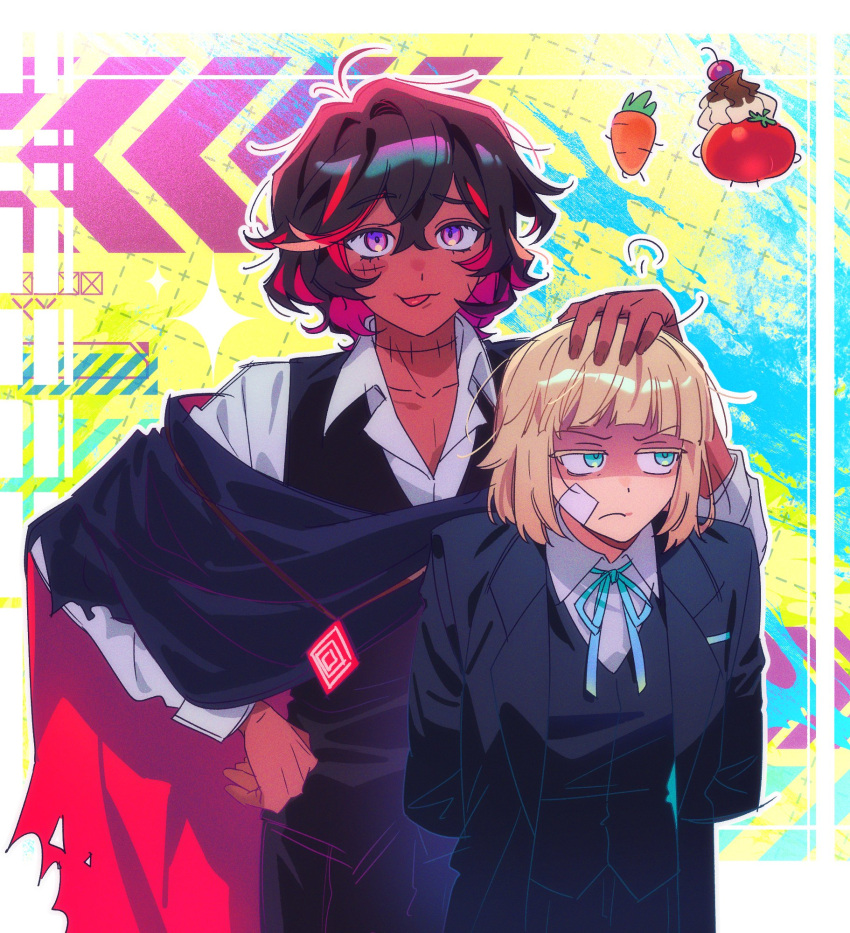 2boys, :3, :p, arms_behind_back, averting_eyes, bandaid, bandaid_on_cheek, bandaid_on_face, black_cloak, black_hair, black_jacket, black_pants, black_vest, blonde_hair, blue_ribbon, blunt_bangs, border, campanella_demillion, carrot, cloak, closed_mouth, collared_shirt, colored_eyelashes, colored_inner_hair, dark-skinned_male, dark_skin, frown, giovanni_stylus, green_eyes, hair_between_eyes, hand_on_another's_head, highres, hsh7955, jacket, long_sleeves, looking_at_viewer, looking_to_the_side, male_focus, multicolored_hair, multiple_boys, neck_ribbon, open_clothes, open_collar, open_jacket, outline, outside_border, pants, puff_of_air, redhead, ribbon, scar, scar_on_face, scar_on_neck, school_uniform, shaded_face, shirt, short_hair, shounenki_no_owari, simple_background, sparkle, streaked_hair, tomato, tongue, tongue_out, torn_cloak, torn_clothes, two-tone_hair, vest, violet_eyes, white_border, white_outline, white_shirt, wing_collar