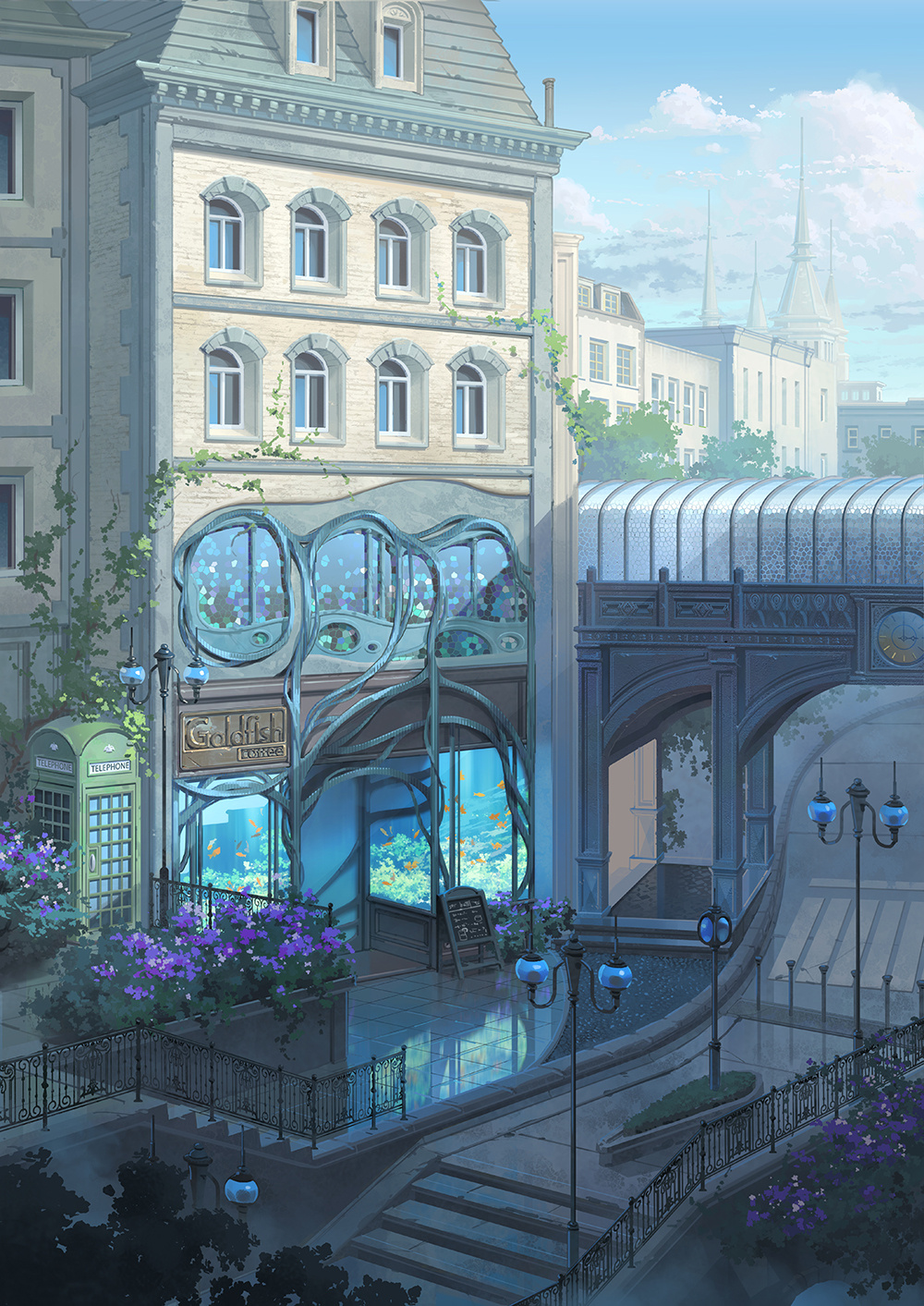 bridge, building, cafe, chinese_commentary, clouds, crosswalk, day, fish, fish_tank, flower, goldfish, hanxiaodan, highres, lamppost, menu_board, no_humans, original, outdoors, pedestrian_bridge, phone_booth, plant, purple_flower, railing, reflective_floor, road, scenery, stained_glass, stairs, street, sunlight, tile_floor, tiles, tree, vines