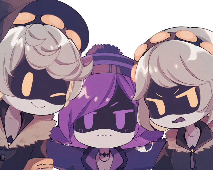1boy, 2girls, :3, armband, beanie, black_hat, black_jacket, blush