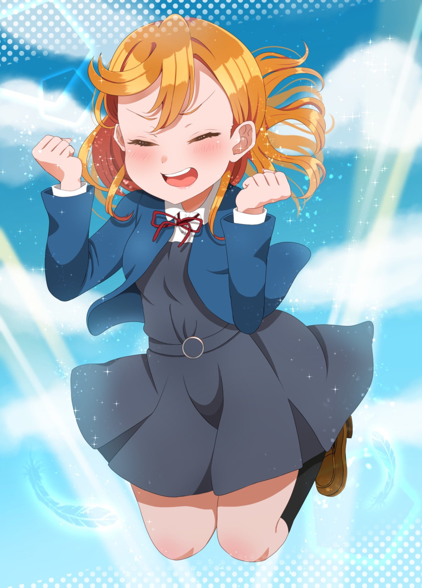 1girl, absurdres, black_socks, blue_jacket, blue_sky, brown_footwear, closed_eyes, clouds