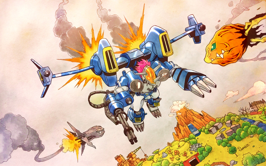 arm_cannon, armor, assault_visor, attack, battle, blue_armor, brigadramon, claws