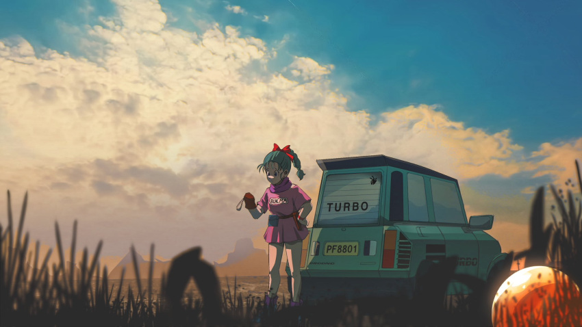 1girl, blue_hair, blue_sky, braid, braided_ponytail, broonoart, bulma, car