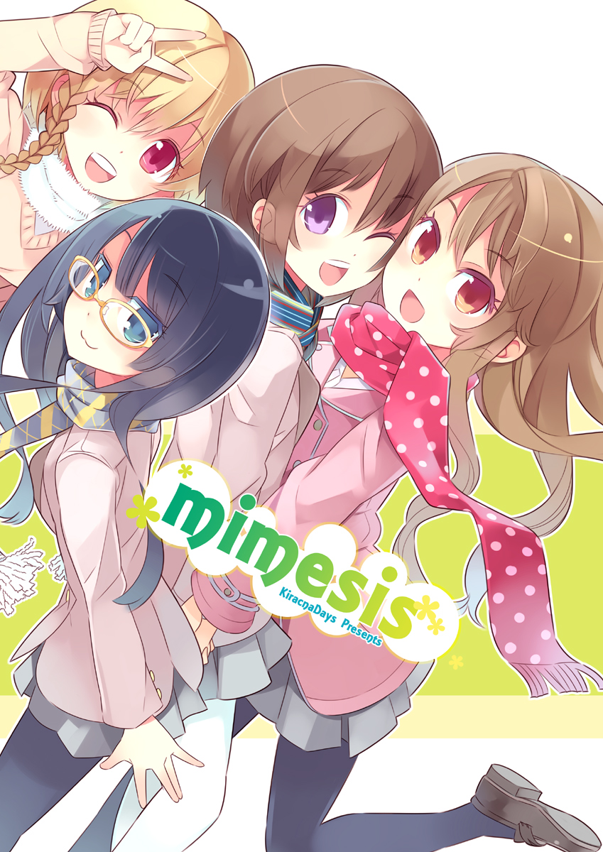 black_hair, blonde_hair, blue_eyes, blush, brown_eyes, brown_hair, glasses, haruse_(artist)