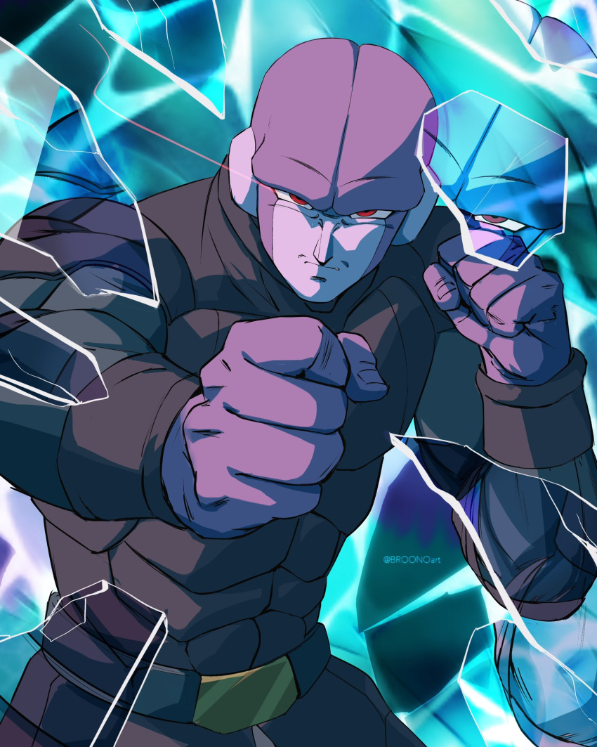1boy, black_coat, broonoart, coat, colored_skin, dragon_ball, dragon_ball_super, fighting_stance