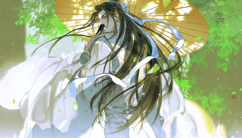 1boy, blue_ribbon, chinese_clothes, covering_own_mouth, cowboy_shot, curtained_hair, dappled_sunlight, day
