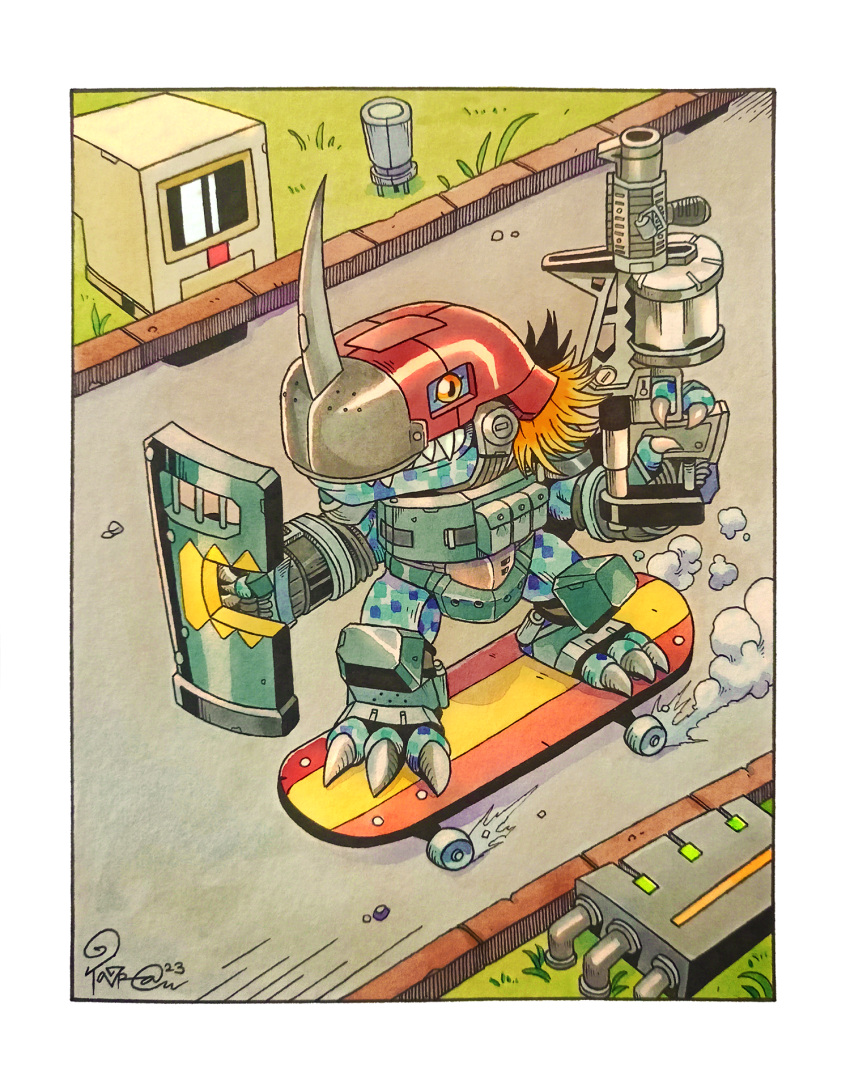asymmetrical_dual_wielding, blue_skin, body_armor, bulletproof_vest, camouflage, claws, colored_sclera, colored_skin, commission, computer_chip, digimon, digimon_(creature), digital_camouflage, dual_wielding, dust_cloud, fake_horns, grass, grenade_launcher, grey_helmet, grin, gun, helmet, hi-commandramon, highres, holding, holding_gun, holding_shield, holding_weapon, horned_helmet, horns, knee_pads, load_bearing_vest, looking_at_viewer, monitor, orange_eyes, orange_hair, orange_sclera, painting_(medium), pouch, red_helmet, riot_shield, road, sharp_teeth, shield, short_hair, single_horn, skateboard, skateboarding, smile, taragraphika, teeth, traditional_media, watercolor_(medium), weapon
