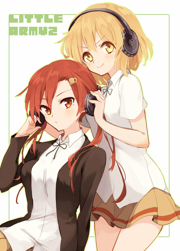 2girls, bellwall_school_uniform, black_jacket, black_ribbon, blonde_hair, breasts, brown_skirt, collared_shirt