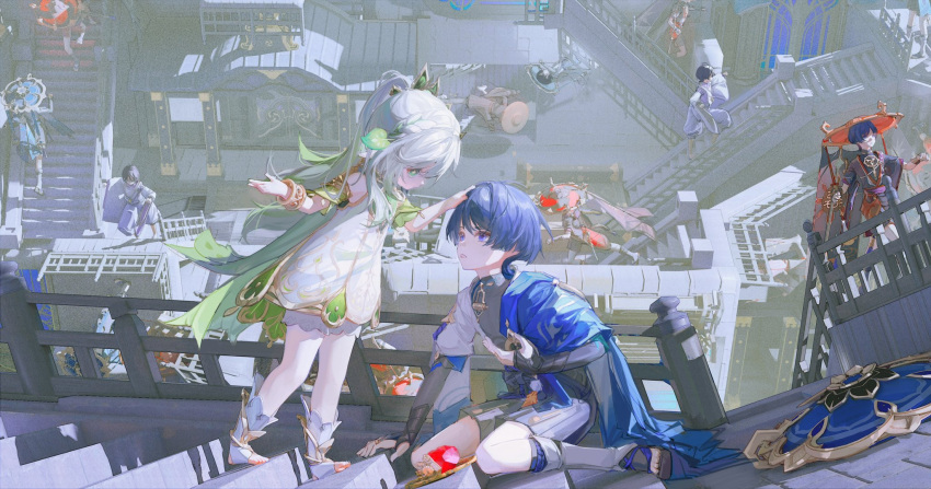 1girl, 6+boys, architecture, armlet, armor, bare_shoulders, black_bodysuit, black_footwear