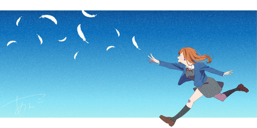 1girl, anko_(koshianko_7310), black_socks, blue_background, blue_jacket, brown_footwear, collared_shirt, commentary_request