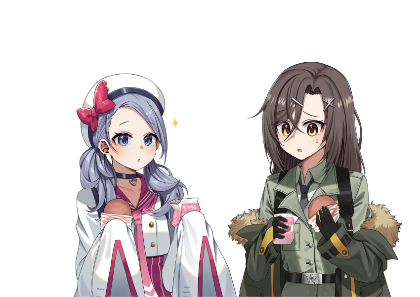 2girls, :o, absurdres, belt, beret, black_belt, black_choker, black_necktie