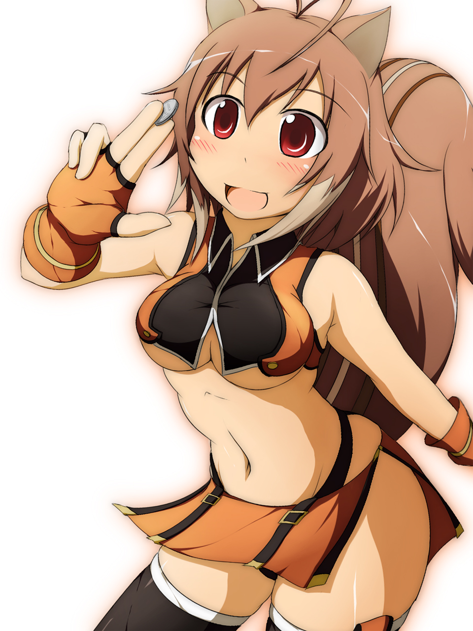 blazblue, blush, breasts, brown_hair, coin, highres, makoto_nanaya, miniskirt