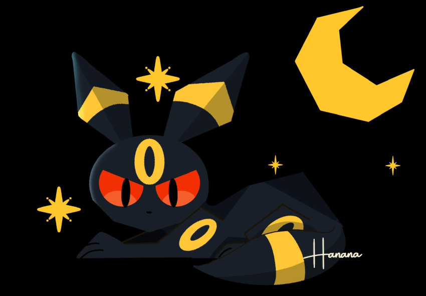 animal_focus, animal_hands, black_background, black_fur, colored_sclera, crescent_moon, highres, iltuki, looking_at_viewer, moon, no_humans, no_mouth, pokemon, pokemon_(creature), red_eyes, simple_background, solo, star_(symbol), two-tone_fur, umbreon, yellow_fur