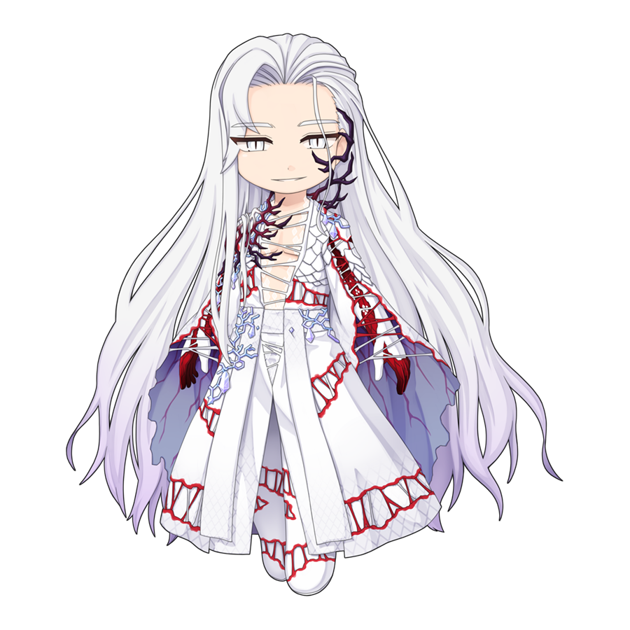 1boy, chibi, chibi_only, coat, colored_extremities, cross-laced_coat, crystal, full_body, grin, long_hair, looking_at_viewer, male_focus, official_art, open_clothes, open_coat, pants, parted_bangs, ragnarok_online, rasgand, sash, simple_background, smile, solo, standing, transparent_background, veins, very_long_hair, white_coat, white_eyes, white_hair, white_pants, white_sash, yuichirou