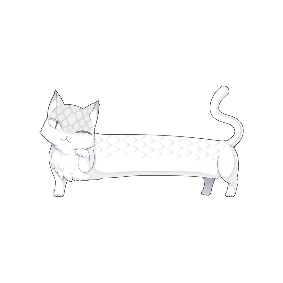:3, animal, animal_focus, cat, chibi, chibi_only, full_body, long_body, looking_at_viewer, no_humans, nyar_(ragnarok_online), official_art, one_eye_closed, ragnarok_online, simple_background, solo, transparent_background, white_cat, yuichirou