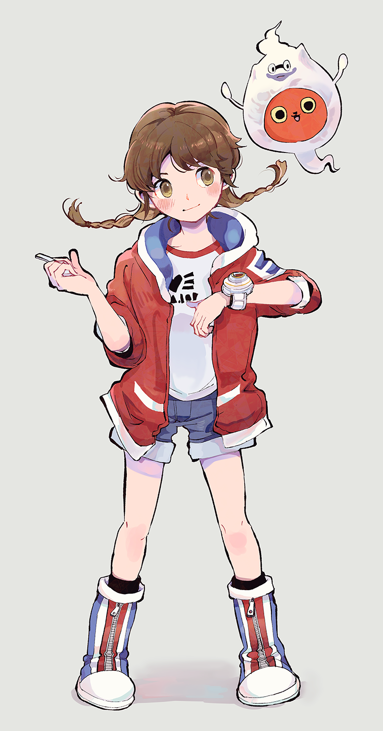 1girl, amano_natsume, ankle_socks, black_socks, blue_footwear, blue_shorts, boots, braid