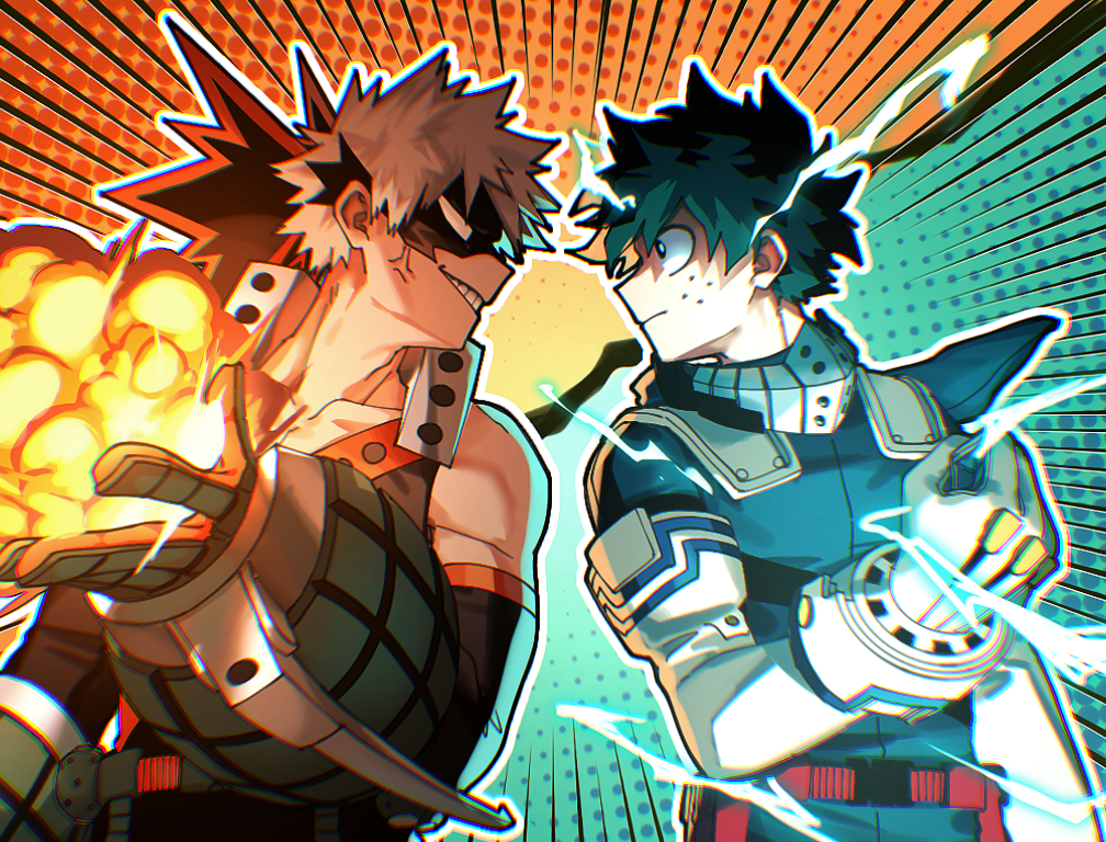 2boys, anger_vein, aqua_background, arm_at_side, bakugou_katsuki, belt, belt_pouch, black_mask