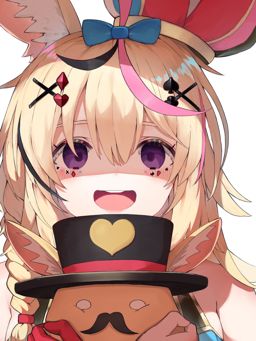 1girl, animal_ear_fluff, animal_ears, blonde_hair, blue_bow, blush, bow, braid, club_hair_ornament, diamond_hair_ornament, empty_eyes, facial_hair, fox_ears, fox_girl, hair_ornament, hat, heart, heart_hair_ornament, highres, holding, hololive, jester_cap, long_hair, momososeji, multicolored_hair, mustache, o_o, omaru_polka, omaru_polka_(1st_costume), open_mouth, pink_hair, shaded_face, simple_background, single_braid, smile, solo, spade_hair_ornament, streaked_hair, top_hat, violet_eyes, virtual_youtuber, zain_(omaru_polka)