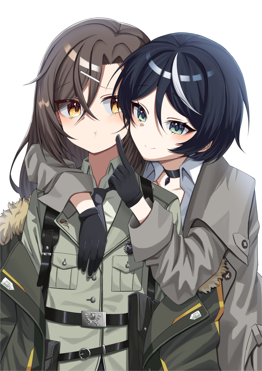 2girls, :t, absurdres, arm_around_shoulder, belt, black_belt, black_choker, black_gloves