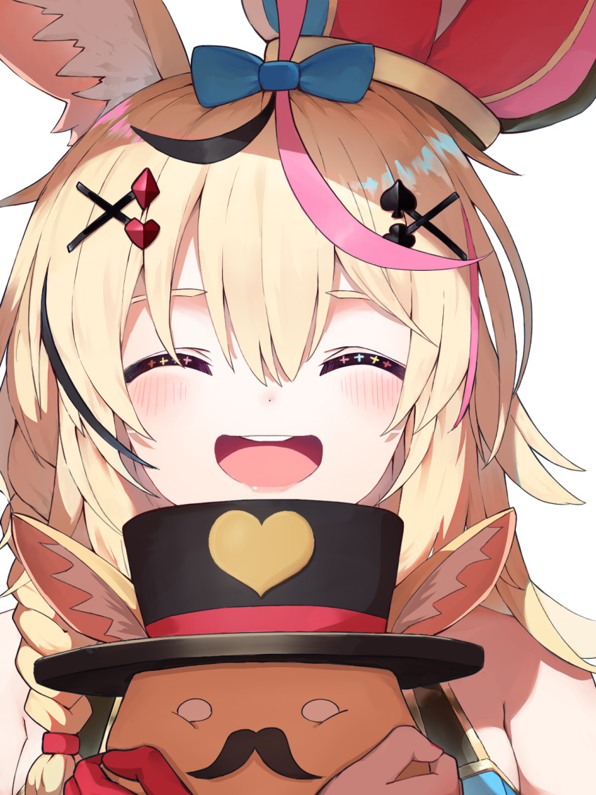 1girl, animal_ear_fluff, animal_ears, blonde_hair, blue_bow, blush, bow, braid