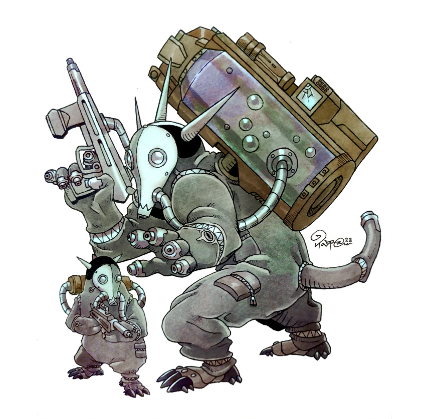 backpack, bag, black_jumpsuit, claws, commission, digimon, evolutionary_line, gun, hands_up, highres, holding, holding_gun, holding_weapon, horns, jumpsuit, liquid, oridigi, oxygen_mask, painting_(medium), rifle, tail, tank_(container), taragraphika, traditional_media, troopmon, tube, watercolor_(medium), weapon, white_mask, zipper