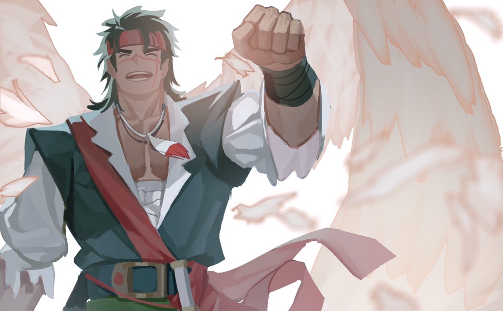 1boy, bare_pectorals, black_hair, clenched_hand, closed_eyes, commentary_request, cross_scar, feather_necklace