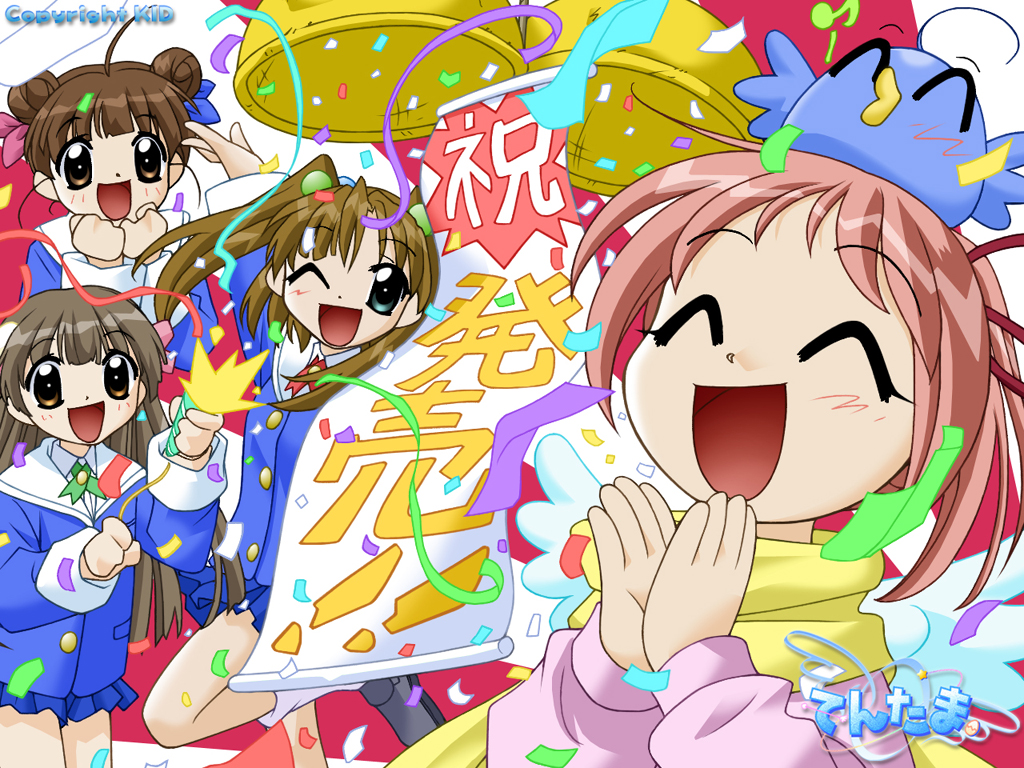 1boy, 4girls, abstract_background, ahoge, animal_on_head, aoi_(bird)_(tentama), aoi_(tentama), aqua_bird