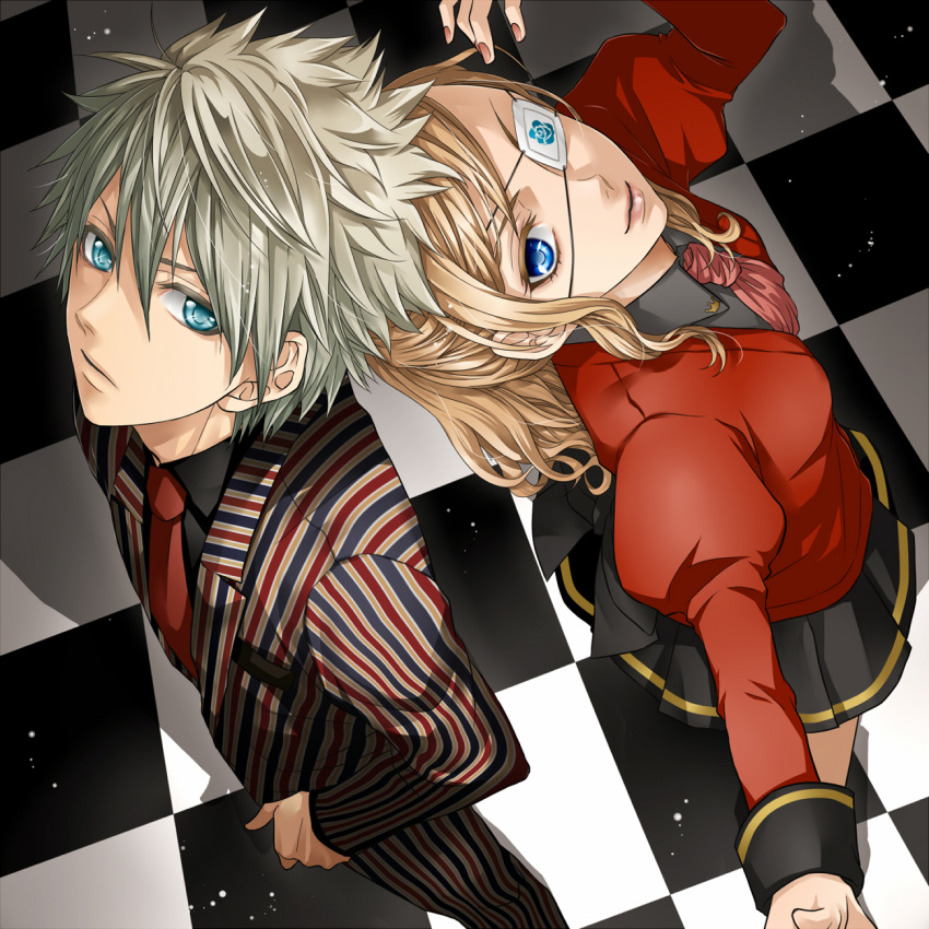 blonde_hair, blue_eyes, checkered, checkered_floor, eyepatch, formal, grey_hair, hakuseki, highres, looking_at_viewer, looking_up, necktie, original, pinstripe_suit, pinstriped_suit, short_hair, skirt, suit