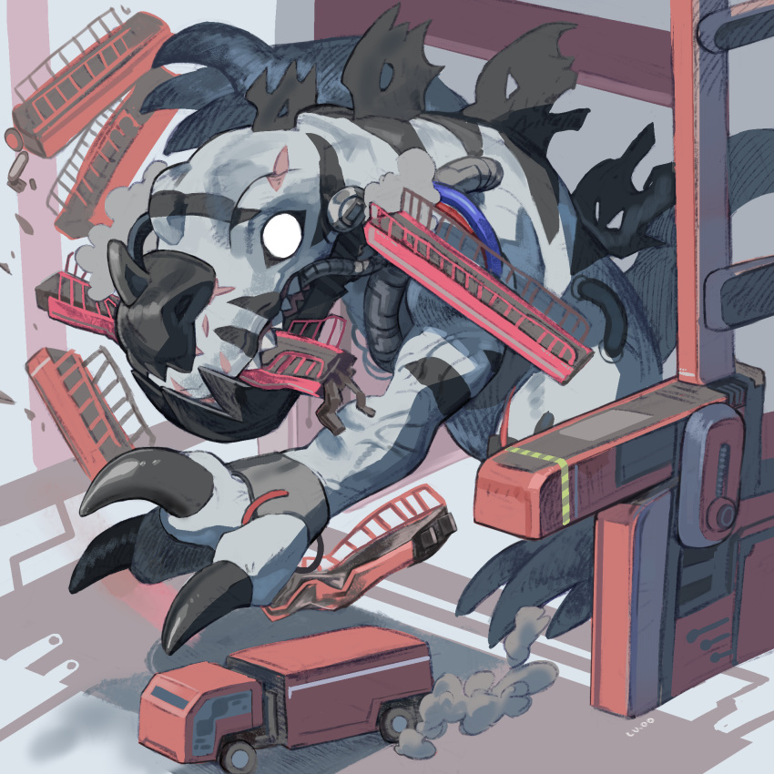 blank_eyes, broken, cable, car, claws, cyborg, destruction, digimon, digimon_(creature), dinosaur, giant, giant_monster, highres, horns, level-00, metal_jaw, metaltyranomon, motor_vehicle, red_car, scar, scar_on_face, sharp_teeth, single_horn, spines, striped_skin, teeth, truck, veins, veiny_arms