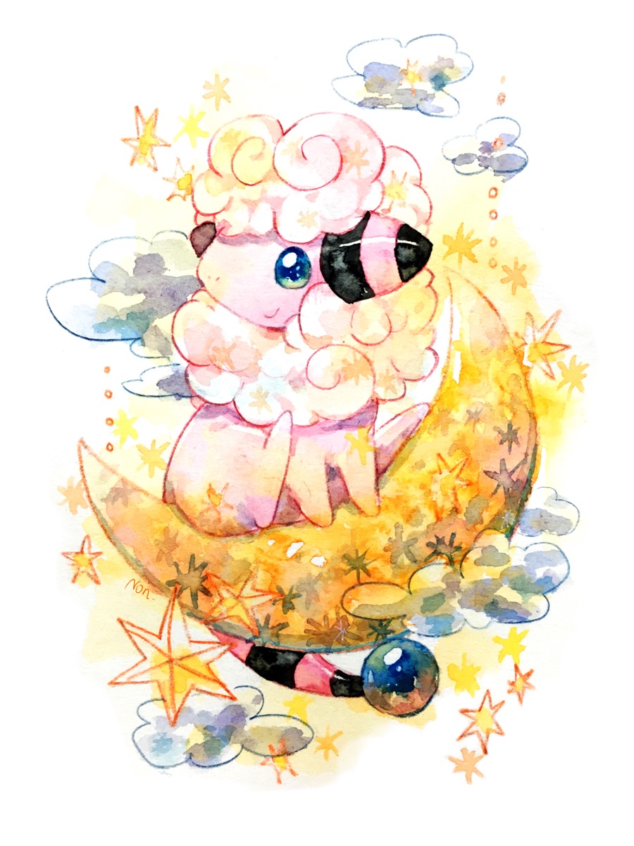 blue_eyes, clouds, crescent_moon, flaaffy, full_body, highres, moon, no_humans