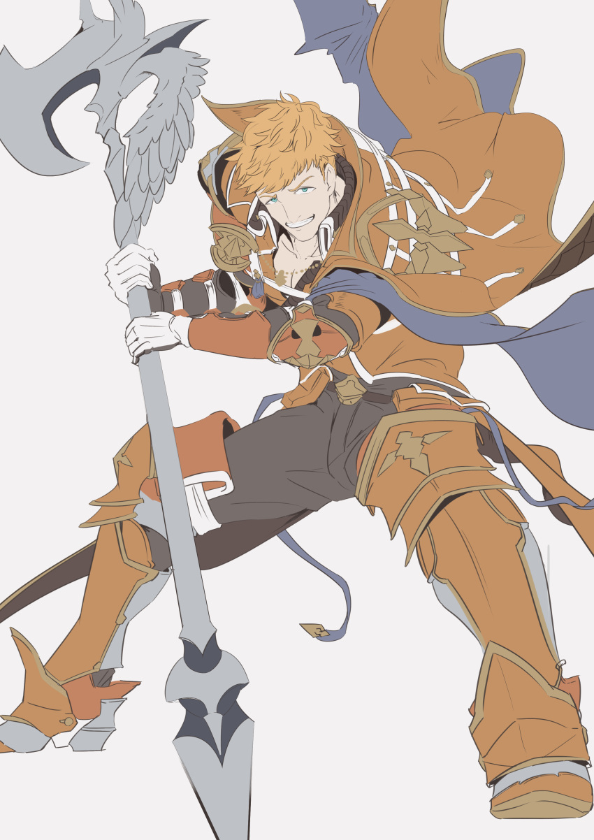 1boy, absurdres, armor, armored_boots, axe, belt, blonde_hair, boots
