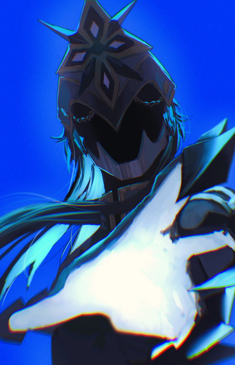 1boy, armor, blue_background, capitano_(genshin_impact), collared_shirt, commentary_request, faceless, faceless_male