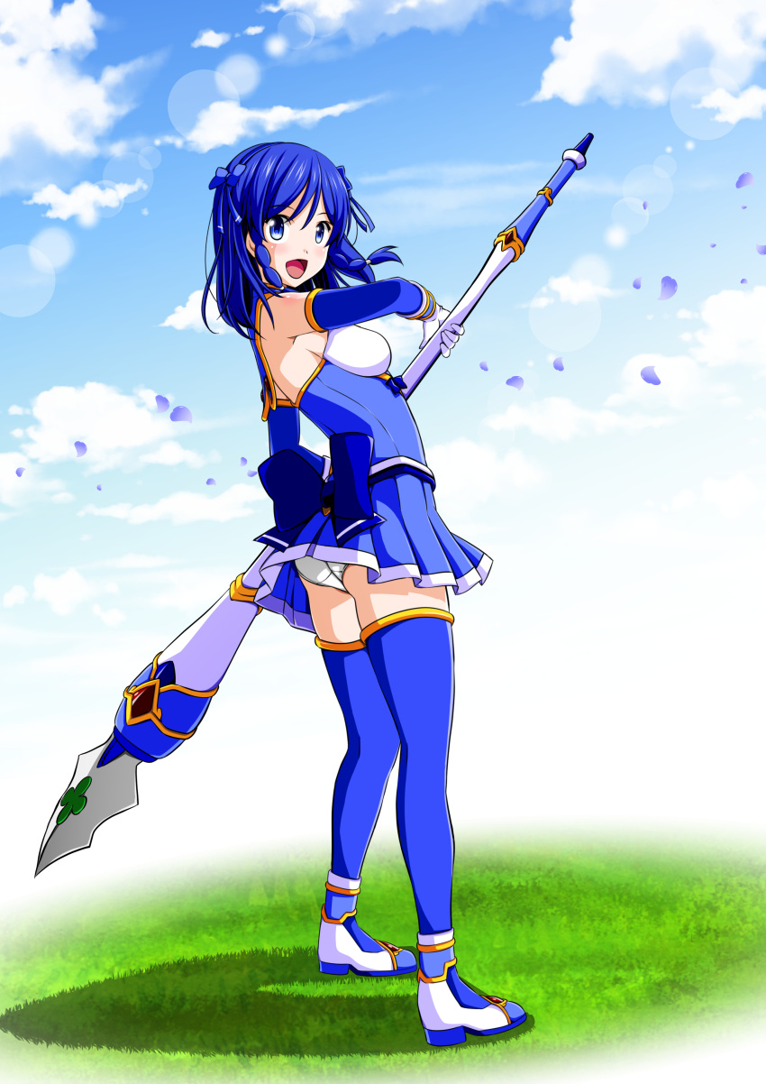 1girl, absurdres, ankle_boots, back_bow, blue_dress, blue_eyes, blue_hair, blue_skirt, blue_sky, blue_thighhighs, boots, bow, braid, breasts, character_request, clouds, cloudy_sky, dark_blue_hair, day, detached_sleeves, dress, field, from_side, full_body, gloves, grass, hairband, happy, highres, holding, holding_staff, koeda0111, lens_flare, looking_at_viewer, magical_girl, medium_breasts, medium_hair, miniskirt, nature, on_grass, on_ground, open_mouth, original, outdoors, panties, pantyshot, pleated_skirt, short_dress, side_braid, skirt, sky, smile, solo, staff, standing, thigh-highs, twin_braids, underwear, zettai_ryouiki