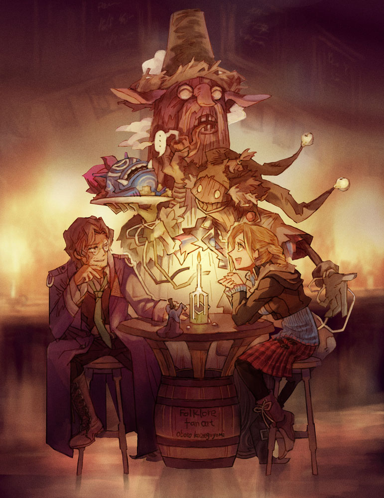 1boy, 1girl, blonde_hair, boots, braid, braided_ponytail, brown_hair, candlelight, closed_eyes, coat, ellen_(folkssoul), folkssoul, ganconer_(folkssoul), glasses, gloves, hat, hood, hooded_jacket, jacket, jester_cap, keats_(folkssoul), long_coat, mandragora_(folkssoul), necktie, oboro_(kazegoyomi), plaid_clothes, plaid_skirt, plate, ponytail, purple_coat, scarecrow_(folkssoul), serving, skirt, smile, stool, straw_hat, table, tavern, teeth
