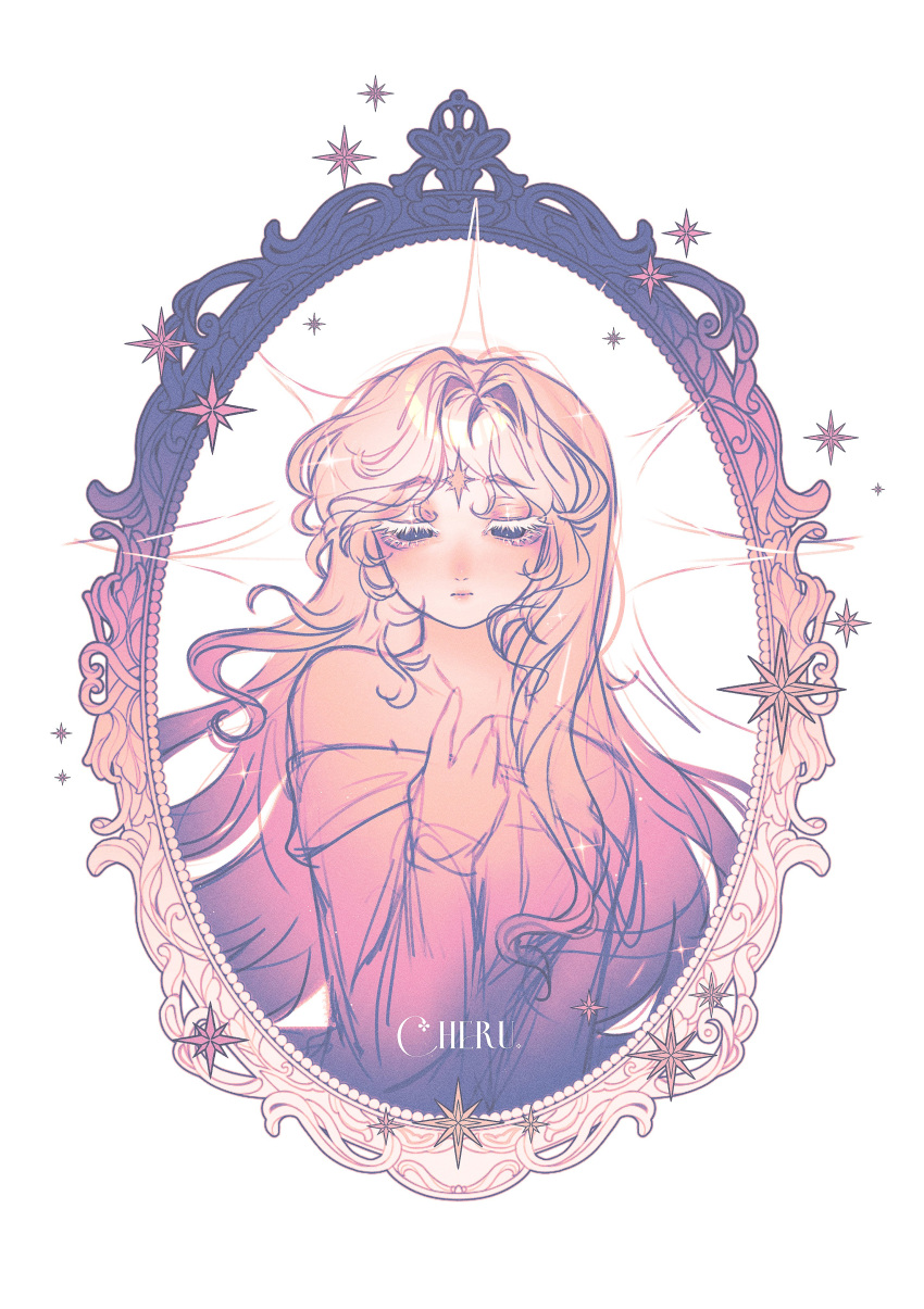 1girl, absurdres, border, cheru_(cheruleanart), commentary, dress, english_commentary, half-closed_eyes