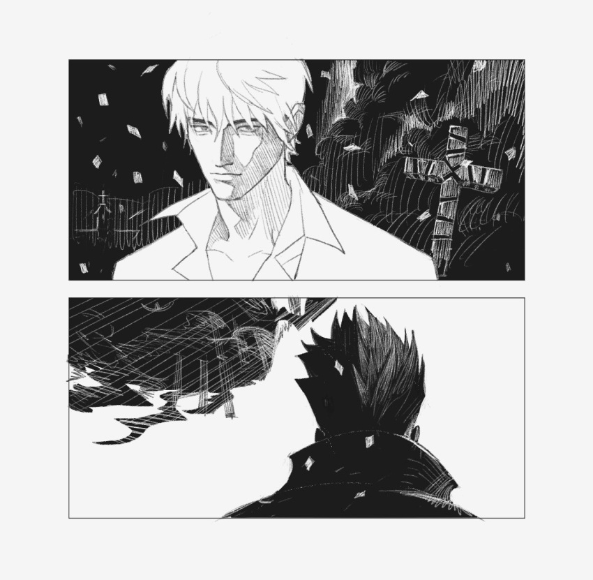 2boys, border, collarbone, collared_shirt, commentary, cross, english_commentary, greyscale