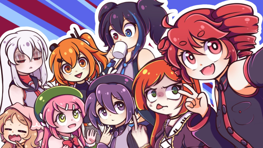 1boy, 6+girls, =_=, adachi_rei, ahoge, anger_vein, bare_shoulders, belt, beret, black_dress, black_hair, black_jacket, black_shirt, black_sleeves, black_sweater, blonde_hair, blue_eyes, blue_hair, blue_necktie, bow, bowtie, buttons, chanpotei, closed_mouth, coffee_mug, cup, detached_sleeves, dress, drill_hair, everyone, expressionless, fang, green_eyes, green_hat, grey_shirt, hair_between_eyes, hair_ornament, hairclip, hat, headlamp, highres, holding, holding_cup, jacket, kasane_teto, long_hair, looking_up, middle_finger, momone_momo, motion_blur, mug, multicolored_hair, multiple_girls, namine_ritsu, necktie, one_side_up, open_mouth, orange_belt, orange_eyes, orange_hair, otoko_no_ko, ouka_miko, outline, piano_print, pink_hair, pink_hood, pocket, purple_hair, purple_necktie, radio_antenna, red_bow, red_bowtie, red_eyes, red_trim, redhead, selfie, shirt, short_hair, streaked_hair, sukone_tei, sweater, thick_eyebrows, tongue, triangle_mouth, twin_drills, twintails, utane_uta, utau, v, violet_eyes, vippaloid, white_hair, white_outline, yawning, yokune_ruko