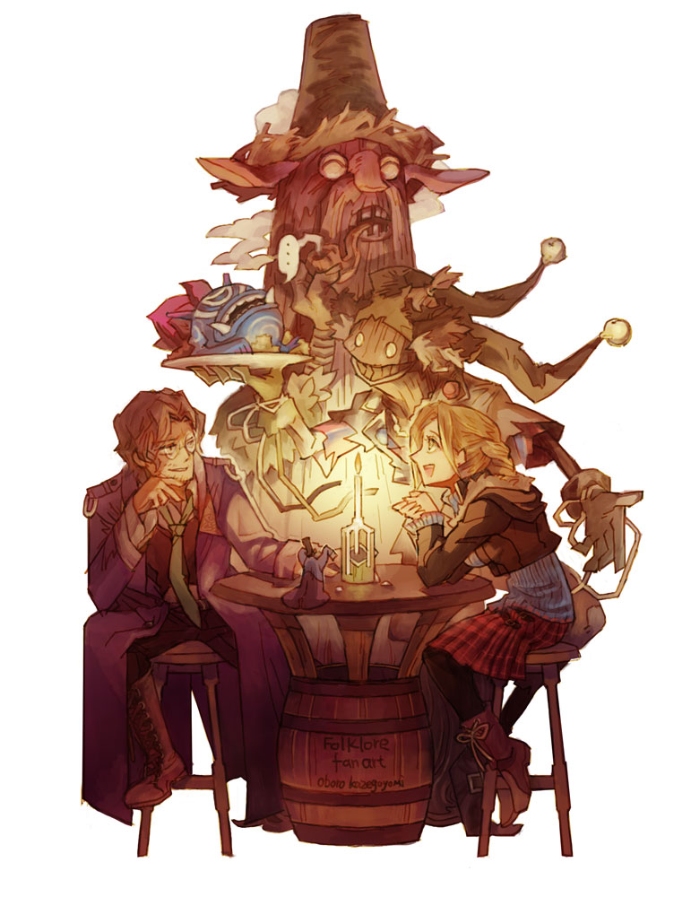 1boy, 1girl, blonde_hair, boots, braid, braided_ponytail, brown_hair, candlelight