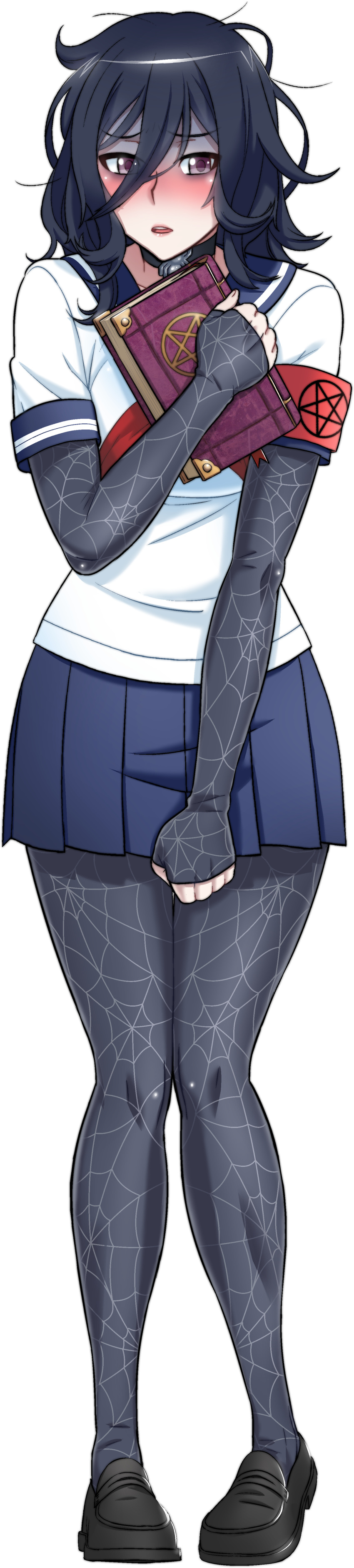 1girl, absurdres, bags_under_eyes, black_footwear, black_hair, blue_skirt, blush, book