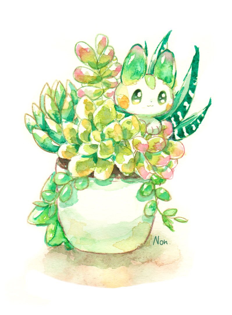 :3, aloe_(plant), alternate_color, animal_focus, bright_pupils, closed_mouth, dot_nose, echeveria_(plant)